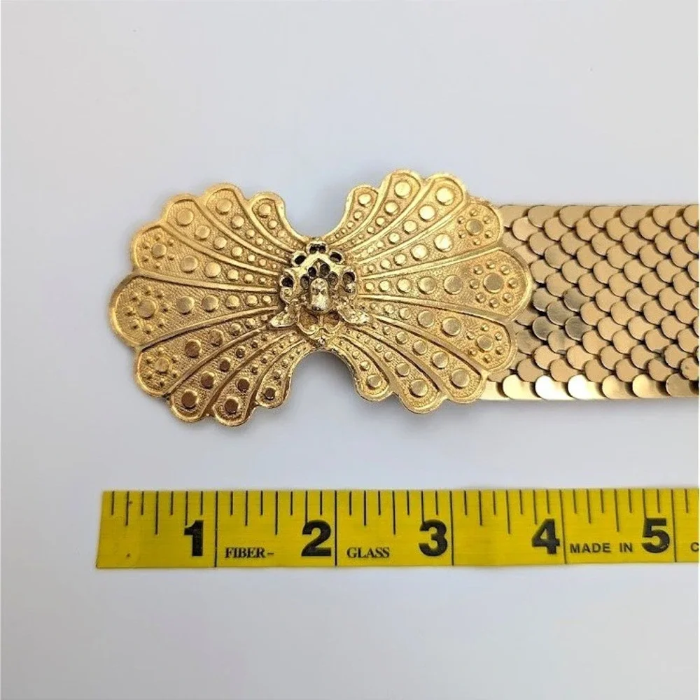 VTG Accessocraft Gold Tone Belt Fish Scale Sequins Metal‎ Ornate Buckle Etruscan